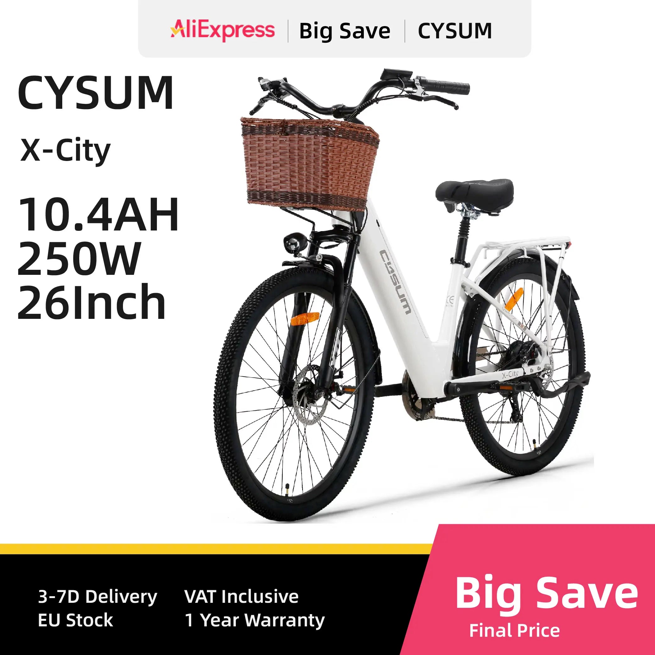 Cysum X-City Adult E-Bike 250W E-Bike for Men 48V 10.4ah Battery 26-Inch Tyre City E-Bike