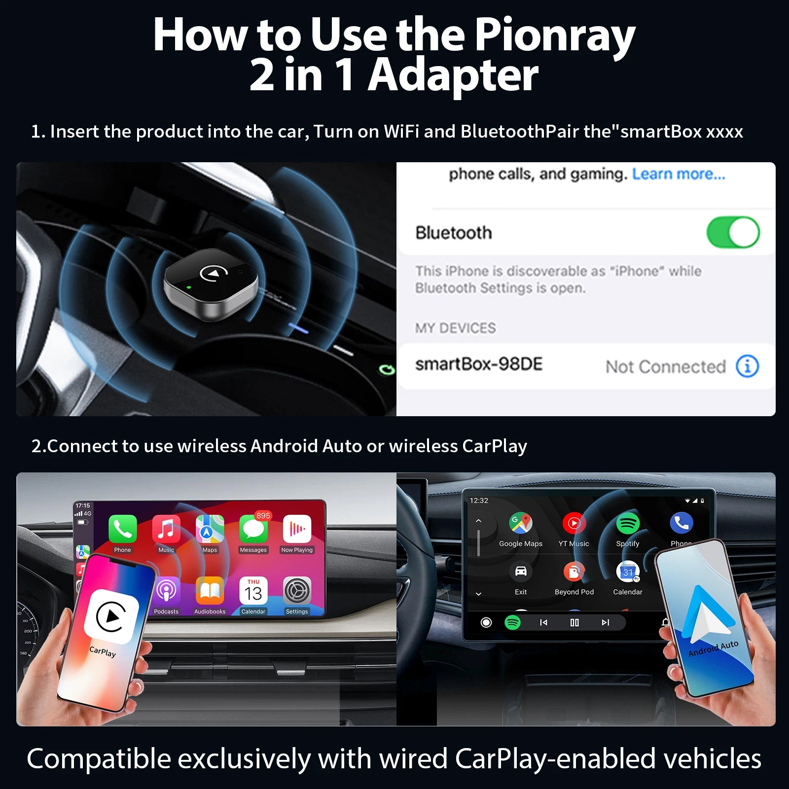 নতুন Pionray 2 in 1 ওয়্যারলেস কারপ্লে অ্যাডাপ্টার এবং অ্যান্ড্রয়েড অটো ওয়্যারলেস অ্যাডাপ্টার, 5Ghz ওয়াইফাই টাইপ-সি/ইউএসবি প্লাগ প্লে কারপ্লে ওয়্যারলেস
