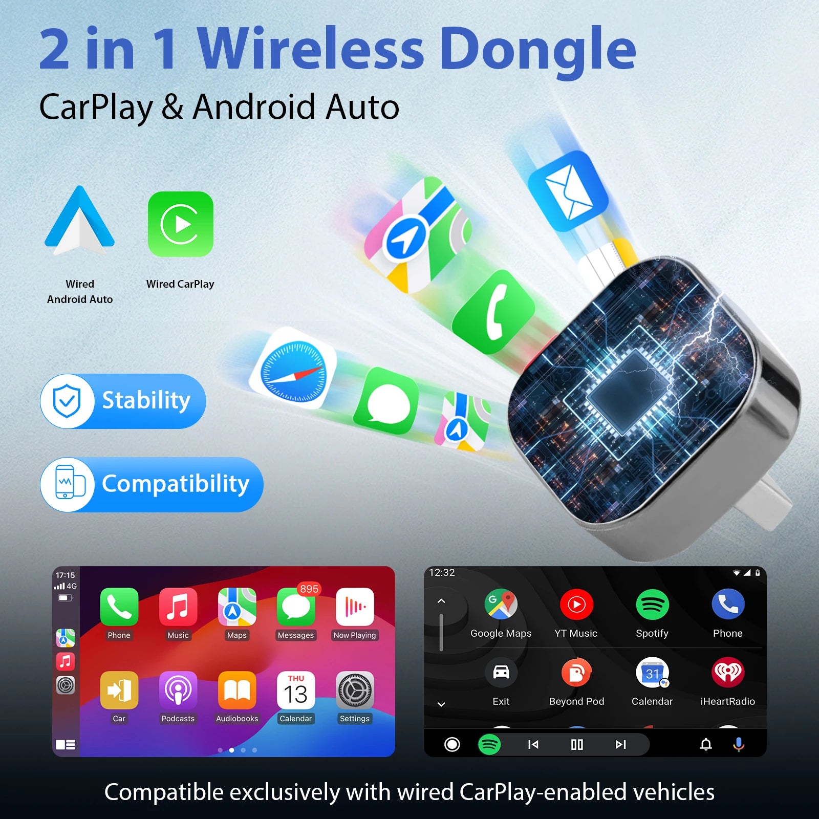 নতুন Pionray 2 in 1 ওয়্যারলেস কারপ্লে অ্যাডাপ্টার এবং অ্যান্ড্রয়েড অটো ওয়্যারলেস অ্যাডাপ্টার, 5Ghz ওয়াইফাই টাইপ-সি/ইউএসবি প্লাগ প্লে কারপ্লে ওয়্যারলেস