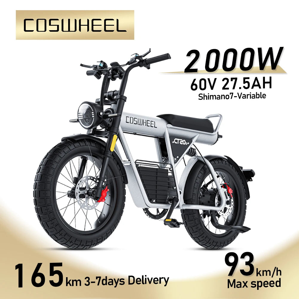 Coswheel ইলেকট্রিক বাইক CT20S 2000W মোটরসাইকেল Drit বাইক Ebike 20 ইঞ্চি ফ্যাট টায়ার সাইকেল 60V 27.5AH বাইক প্রাপ্তবয়স্কদের জন্য ইলেকট্রিক সাইকেল