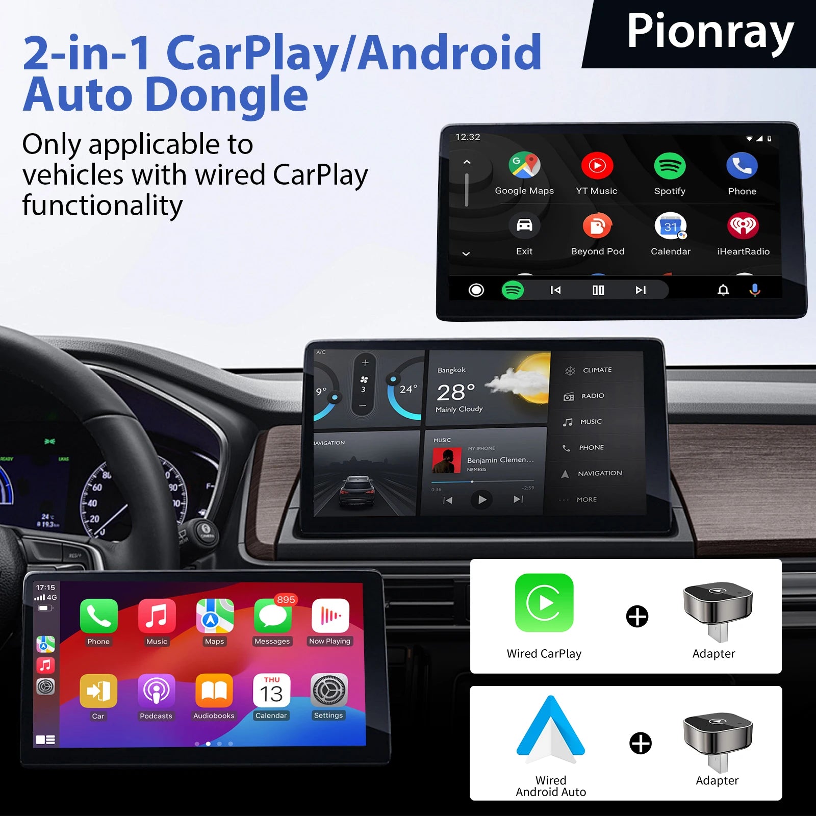 নতুন Pionray 2 in 1 ওয়্যারলেস কারপ্লে অ্যাডাপ্টার এবং অ্যান্ড্রয়েড অটো ওয়্যারলেস অ্যাডাপ্টার, 5Ghz ওয়াইফাই টাইপ-সি/ইউএসবি প্লাগ প্লে কারপ্লে ওয়্যারলেস