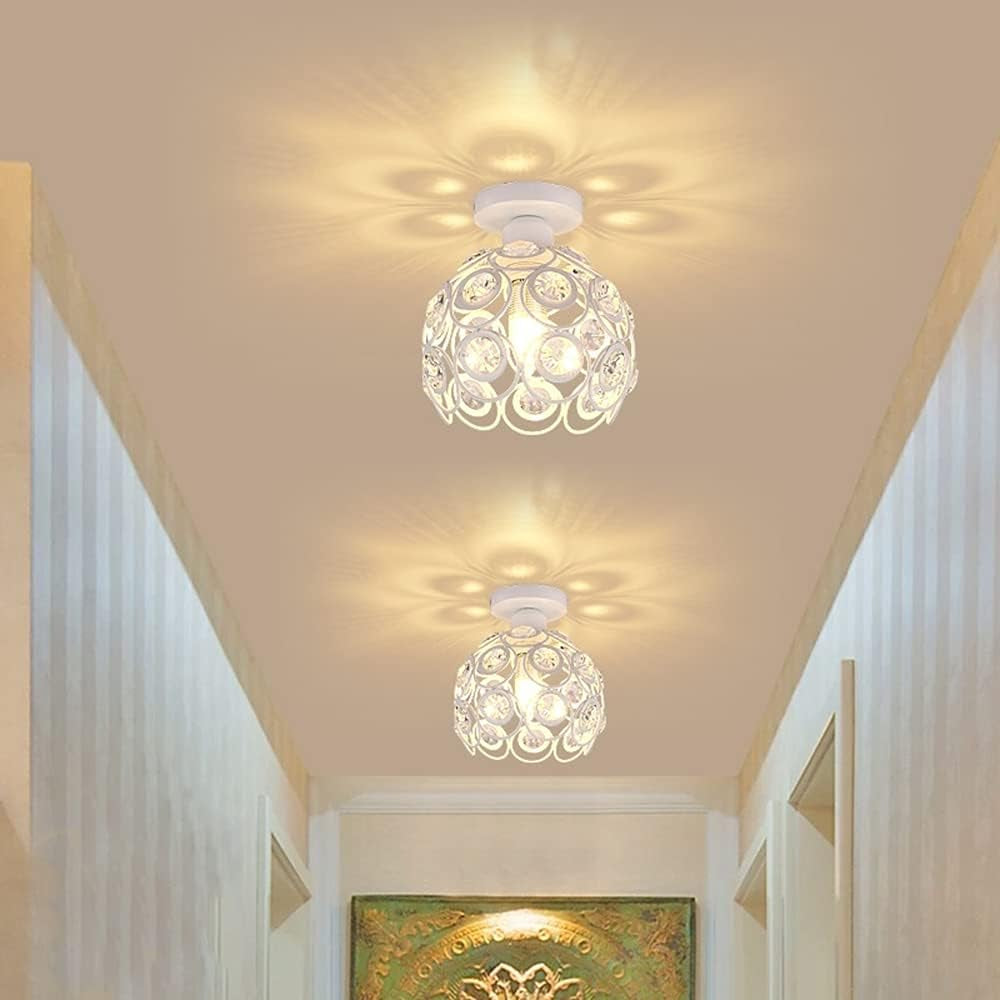 Mini Crystal Chandelier Semi Flush Mount Ceiling Light with E26 Socket - Modern White Finished Pendant Lighting for Bedroom, Kitchen, and Living Room