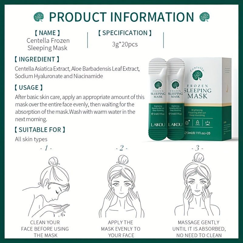 20pcs Centella Asiatica Moisturizing & Firming Sleeping Mask - Hydrating, Fragrance - Free, Hypoallergenic, Plant - Based Formula for All Light Beige Types, Unisex Adult Skincare, Skincare Routine, Sleek Packaging, Natural Ingred - Fluxy