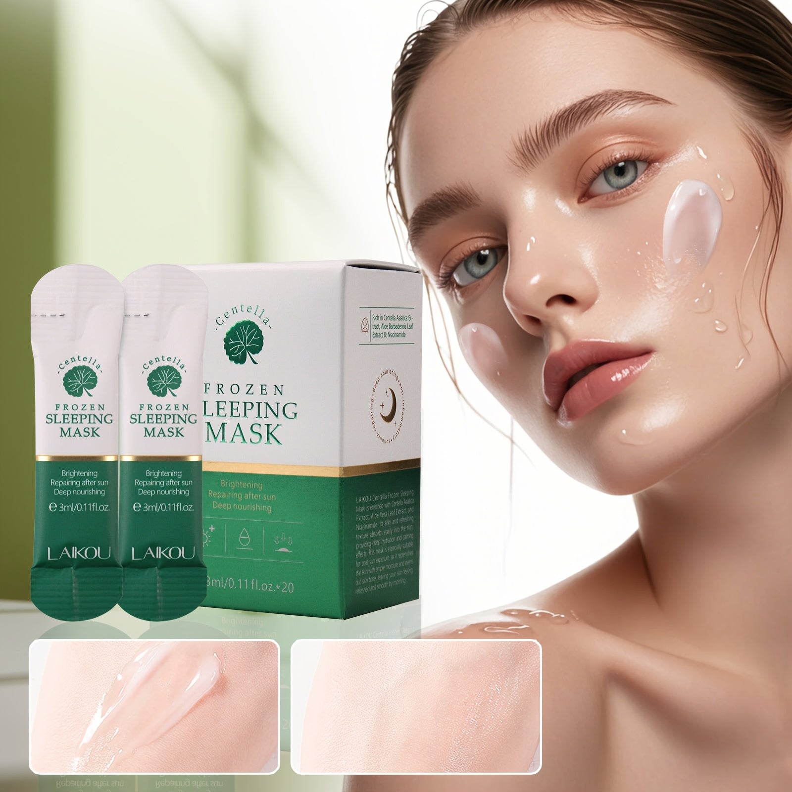 20pcs Centella Asiatica Moisturizing & Firming Sleeping Mask - Hydrating, Fragrance - Free, Hypoallergenic, Plant - Based Formula for All Light Beige Types, Unisex Adult Skincare, Skincare Routine, Sleek Packaging, Natural Ingred - Fluxy