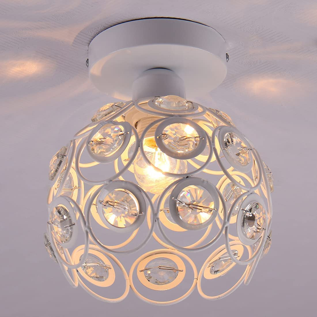 Mini Crystal Chandelier Semi Flush Mount Ceiling Light with E26 Socket - Modern White Finished Pendant Lighting for Bedroom, Kitchen, and Living Room