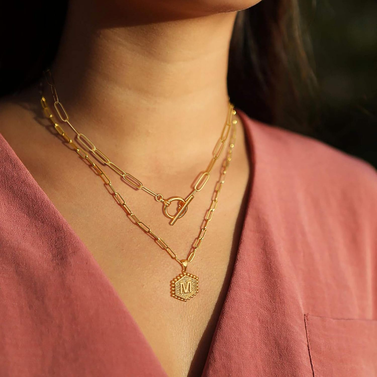 Women's 14K Gold Plated Initial Necklace with Hexagon Pendant and Toggle Clasp - Layered Gold Chain Choker