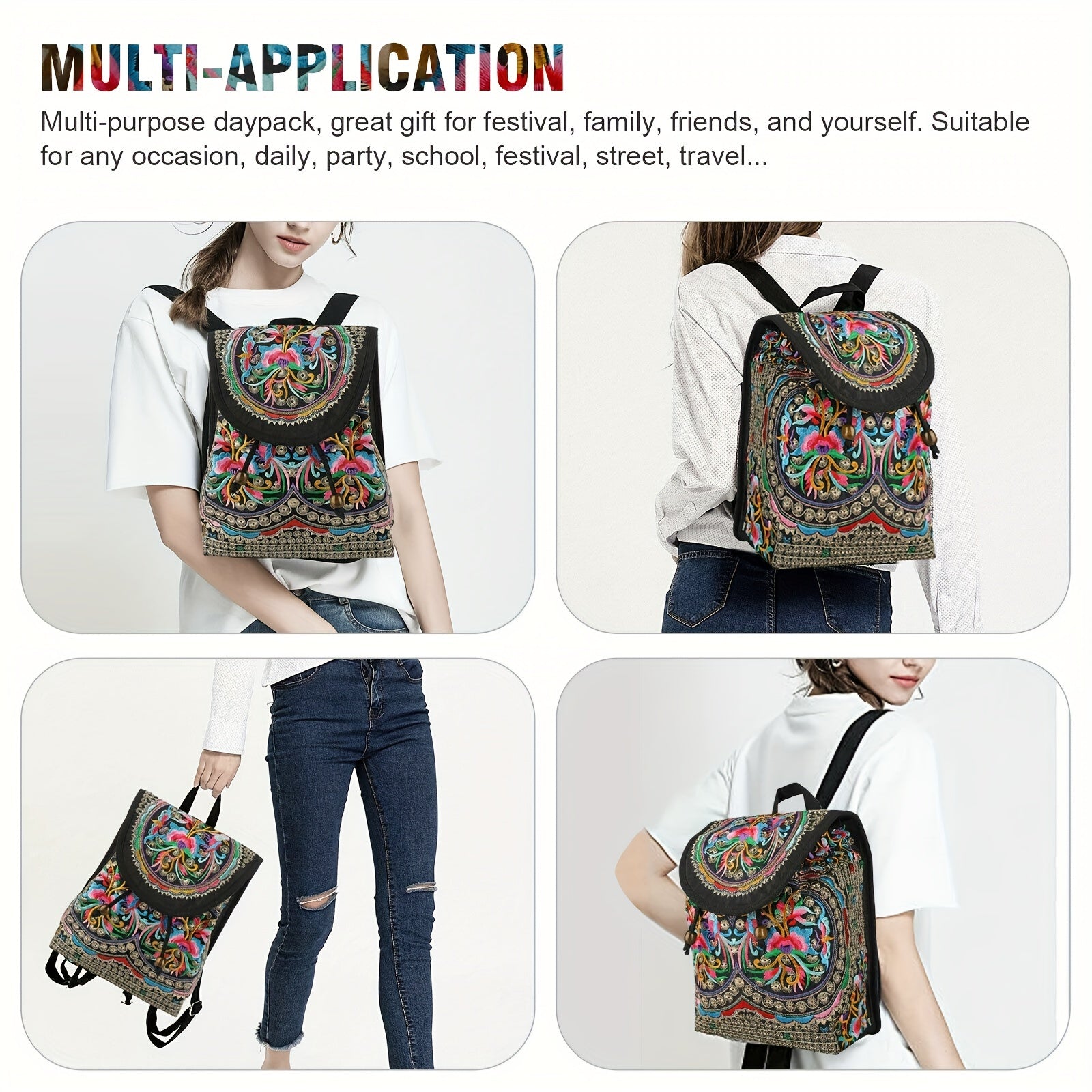 GUDAOBELL Women's Vintage Floral Embroidered Backpack - Pink Geometric Pattern Travel Bag with Tablet Compartment, Adjustable Shoulder Straps & Drawstring Closure for, Work, Daily Use