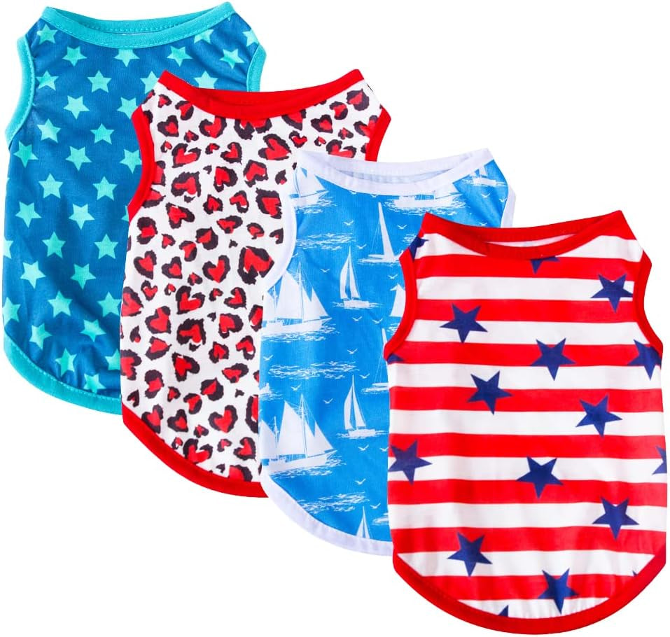 4-Piece Summer Dog Apparel Set for Female Dogs and Cats - Printed T-Shirts with Cute Patterns for Small to Large Breeds (Star, X-Small)