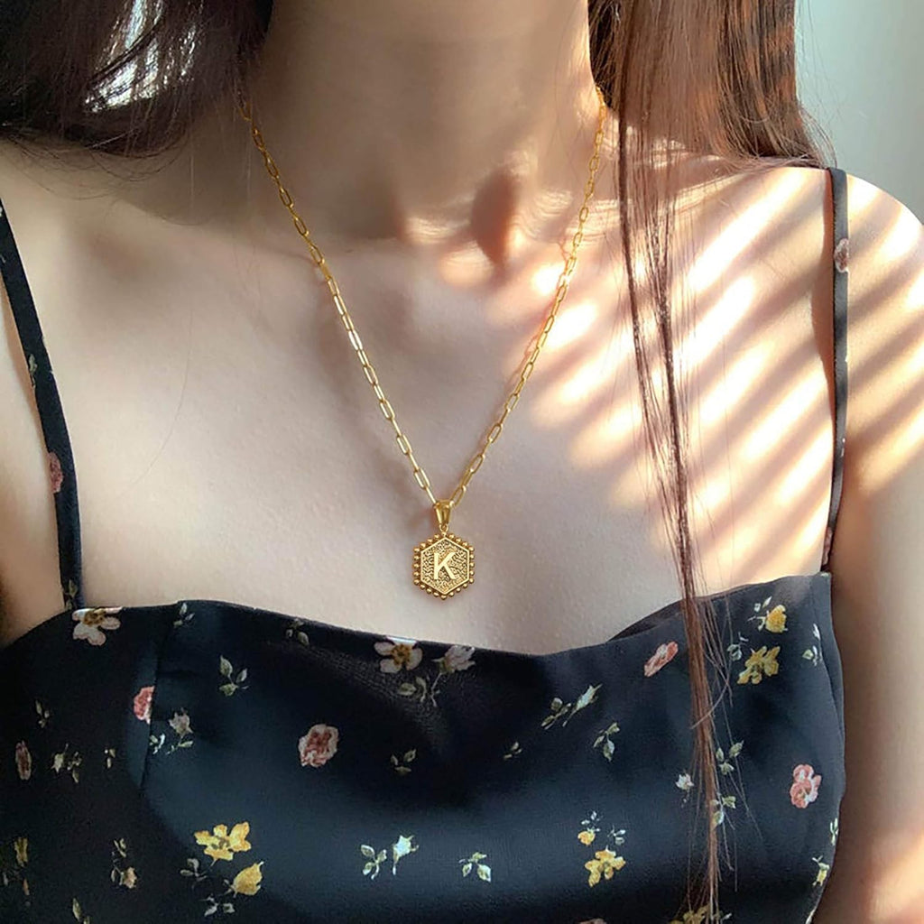 Women's 14K Gold Plated Initial Necklace with Hexagon Pendant and Toggle Clasp - Layered Gold Chain Choker