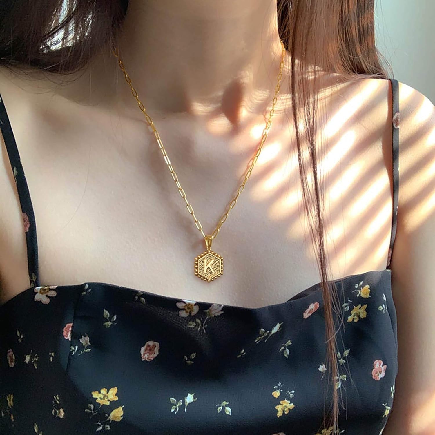 Women's 14K Gold Plated Initial Necklace with Hexagon Pendant and Toggle Clasp - Layered Gold Chain Choker