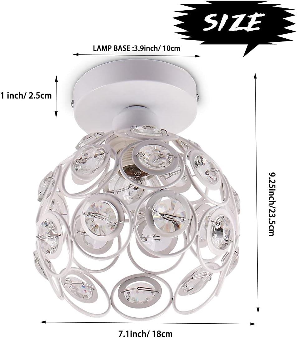 Mini Crystal Chandelier Semi Flush Mount Ceiling Light with E26 Socket - Modern White Finished Pendant Lighting for Bedroom, Kitchen, and Living Room