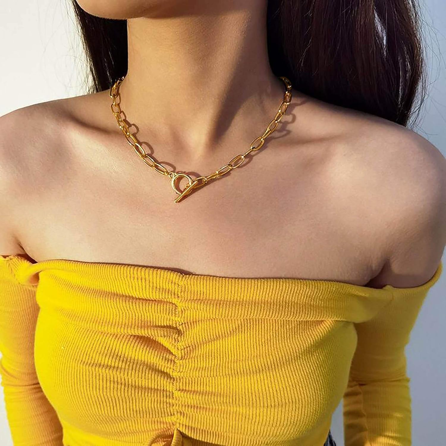 Women's 14K Gold Plated Initial Necklace with Hexagon Pendant and Toggle Clasp - Layered Gold Chain Choker