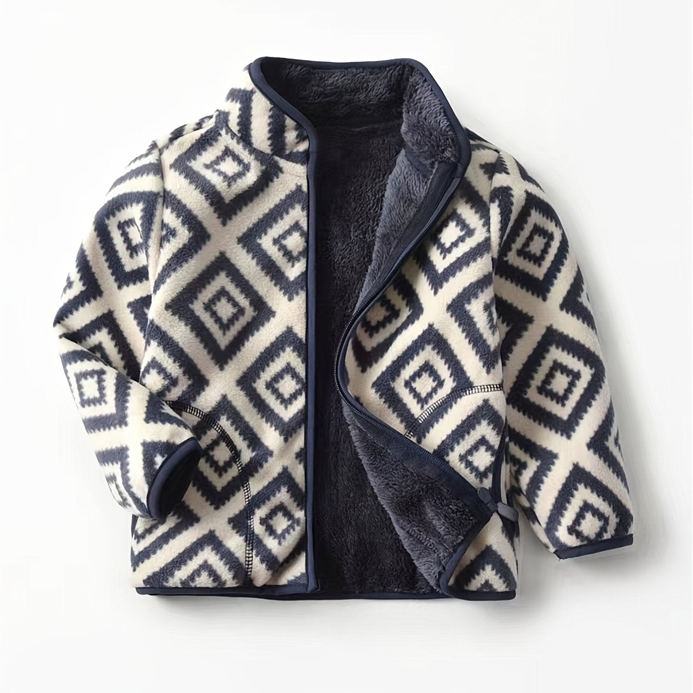 New Boys Vintage Plaid Printed Casual Thickened Warm Stand Collar Zipper Jacket - For Boys Aged 6-14 -  Suitable for Fall & Winter - Perfect Gift for Birthday & Holidays