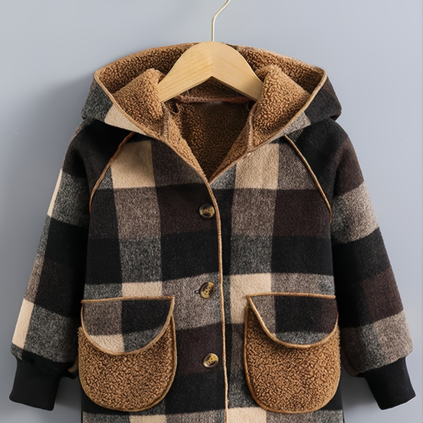 Boys' Cozy Fleece-Lined Plaid Jacket with Button Front, Pockets &amp; Hood - Long Sleeve Casual Winter Coat for Fall/Winter, Brown &amp; Black Checkered Pattern, Cozy Outerwear, Durable Outerwear