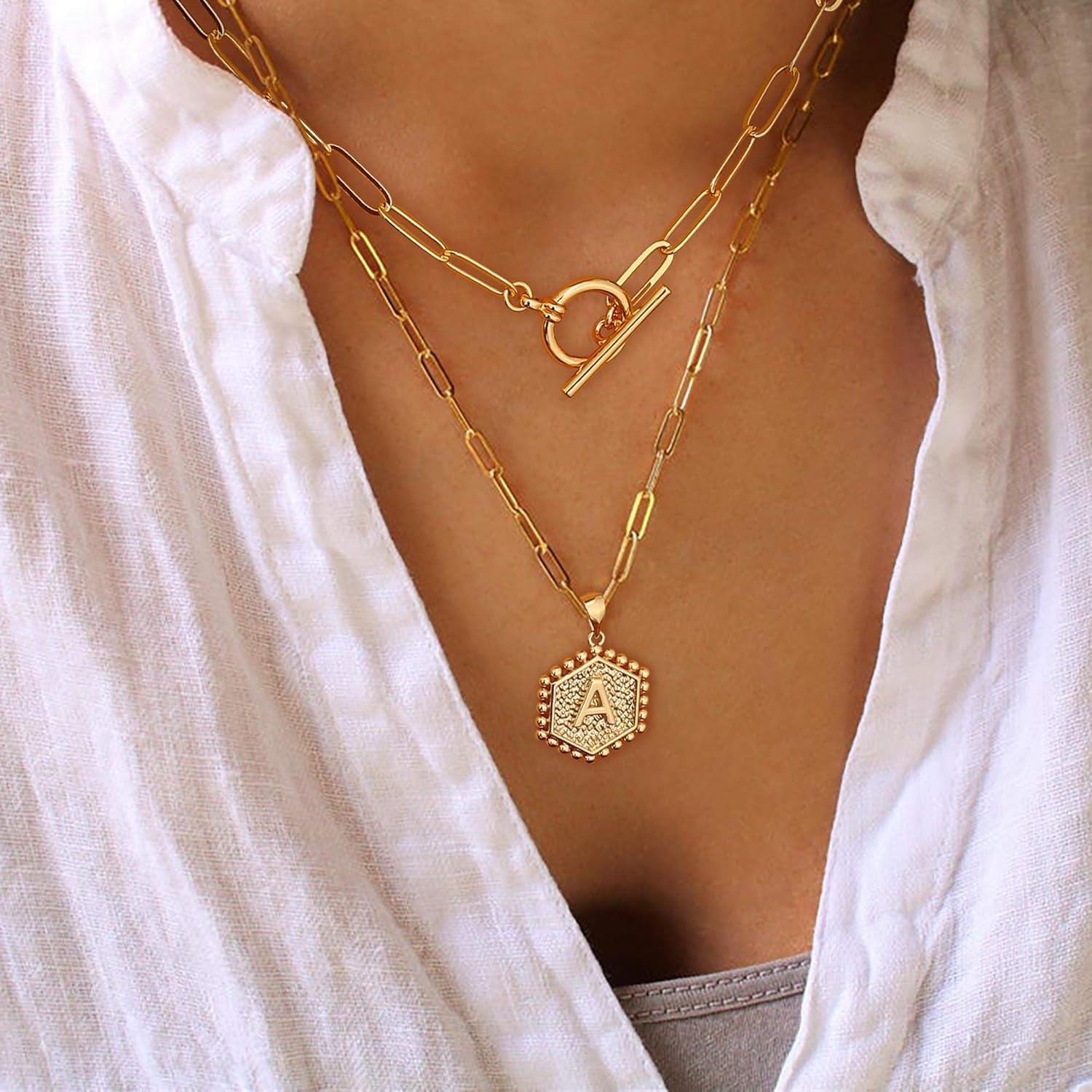 Women's 14K Gold Plated Initial Necklace with Hexagon Pendant and Toggle Clasp - Layered Gold Chain Choker