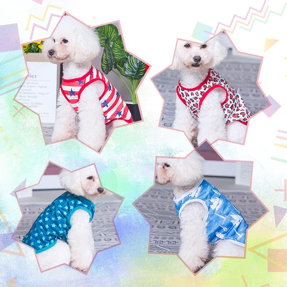 4-Piece Summer Dog Apparel Set for Female Dogs and Cats - Printed T-Shirts with Cute Patterns for Small to Large Breeds (Star, X-Small)