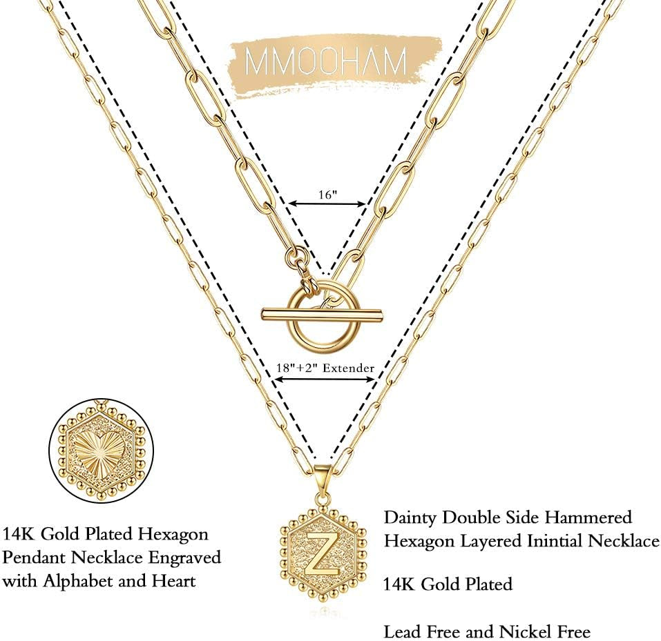 Women's 14K Gold Plated Initial Necklace with Hexagon Pendant and Toggle Clasp - Layered Gold Chain Choker