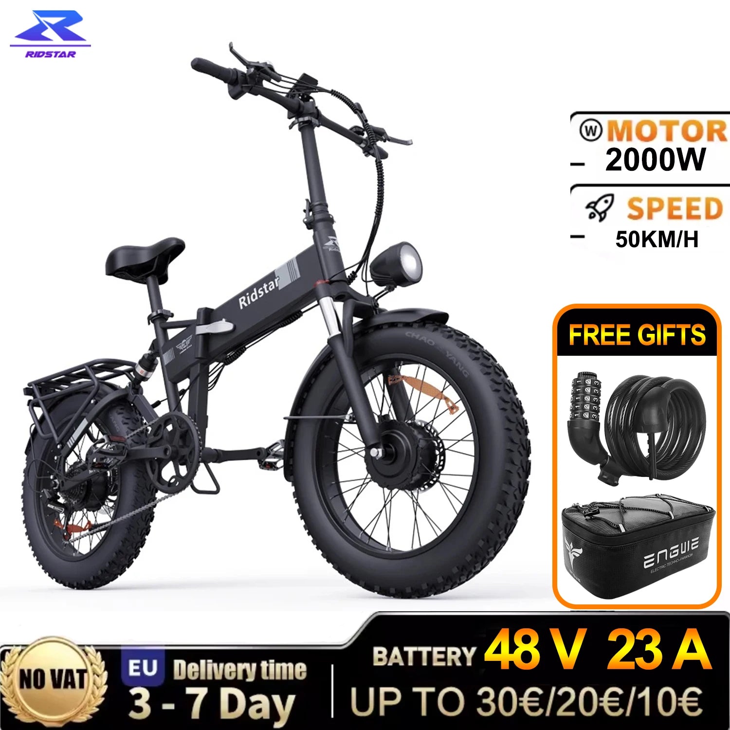 RIDSTAR H20 PRO Folding 2000W Dual Motor 48V 23AH Mountain Snow Electric Bicycle Hydraulic Brake 20*4.0 Fat Tire Electric Bike
