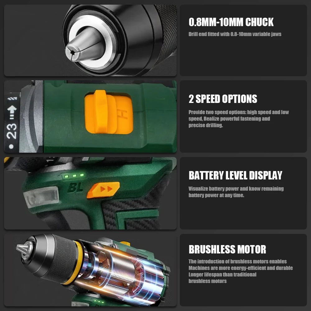 55N.M 10MM 23+1 Torque Brushless Electric Impact Drill Metal Ratchet Chuck Cordless Drill Electric Screwdriver DIY Power Tools