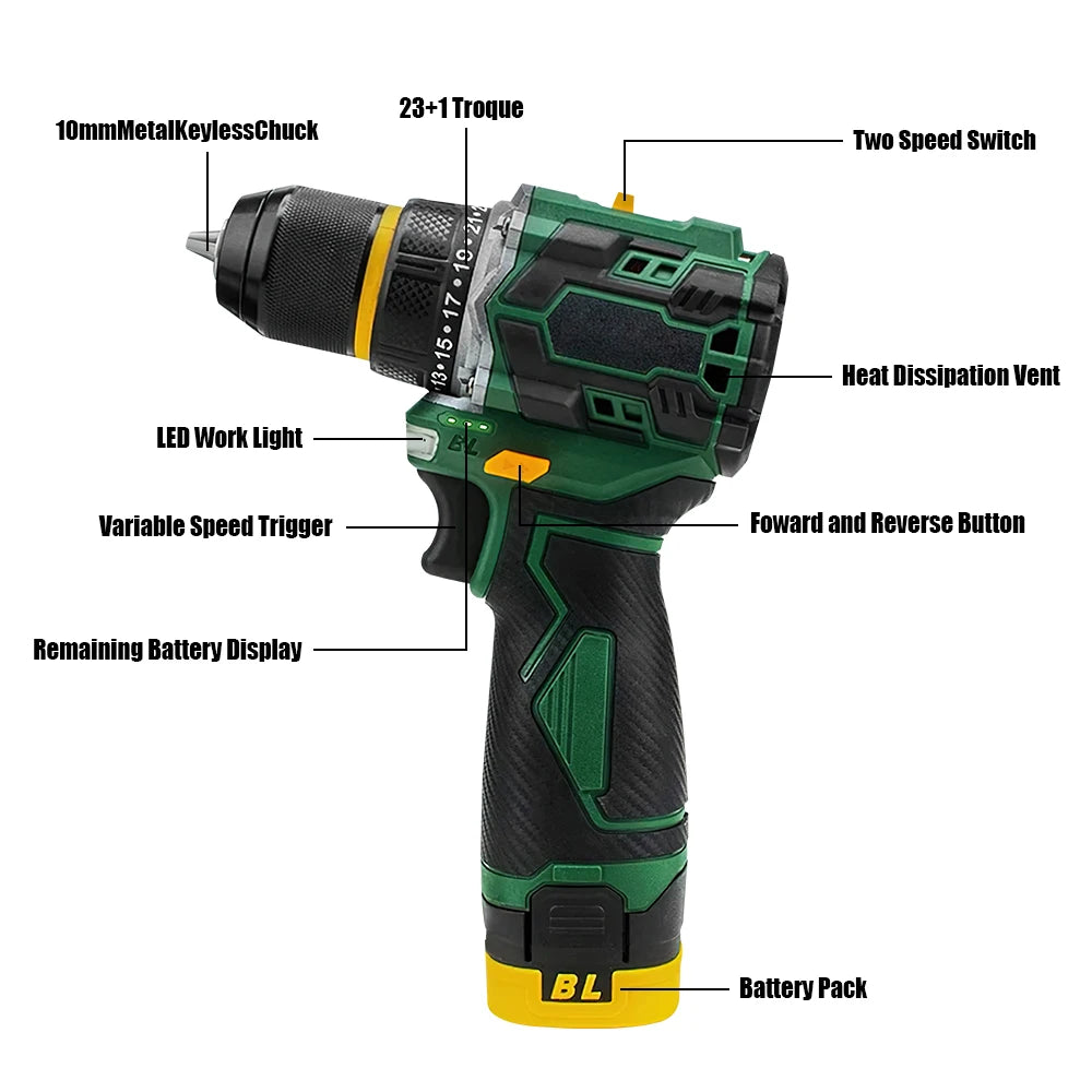 55N.M 10MM 23+1 Torque Brushless Electric Impact Drill Metal Ratchet Chuck Cordless Drill Electric Screwdriver DIY Power Tools