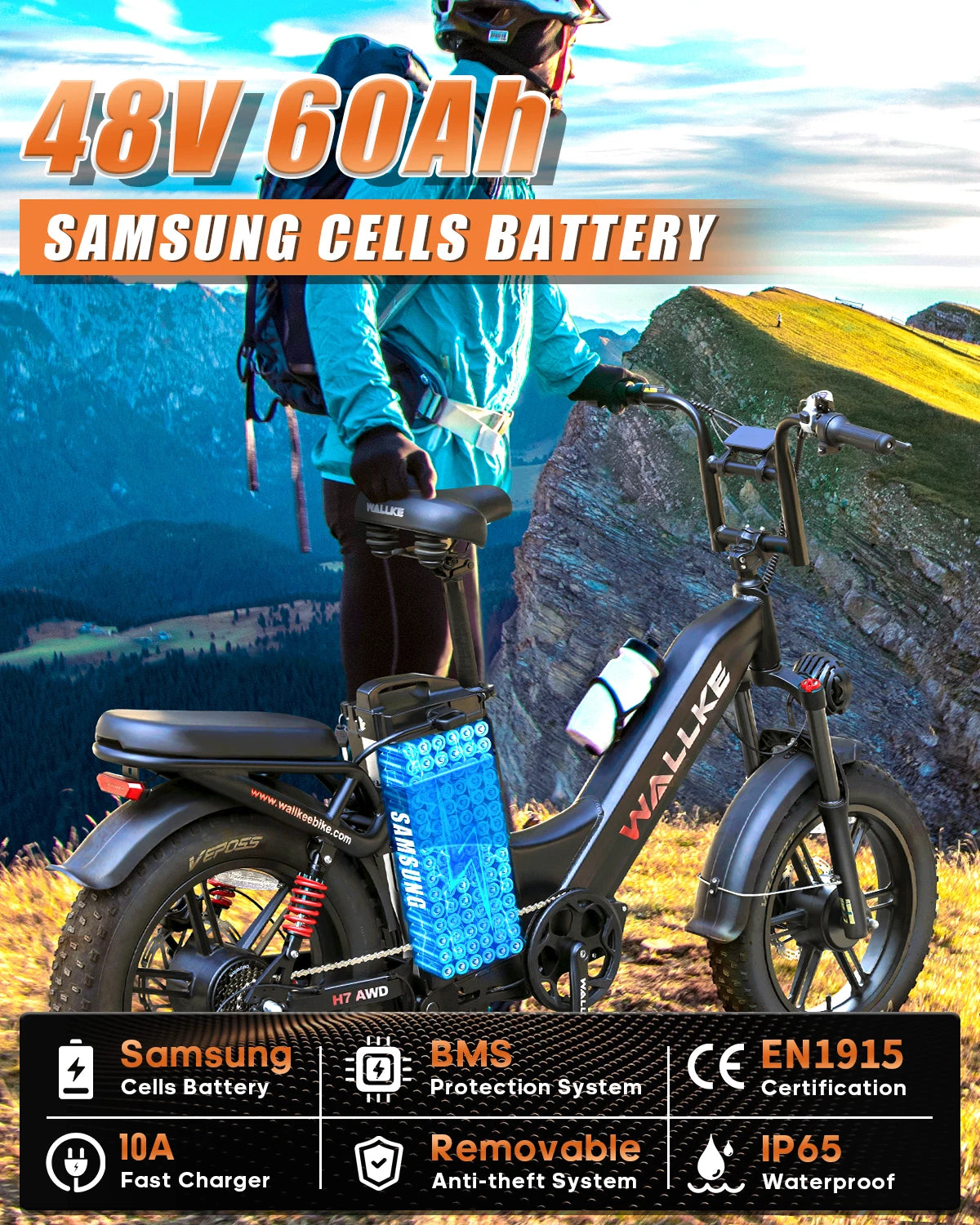 W Wallke H7 Electric Bicycle 1200W/2000W Dual Motor Electric Bike 40Ah/60Ah Step Thru Ebike 20*4'' Fat Tire Ebike W/APP Control