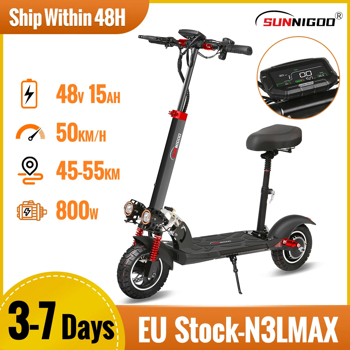 800W Powerful Electric Scooter 48V 15Ah Max Speed ​​50km/h 50km Range 10'' Tires Dual Shock Absorbing Folding EScooter for Adults