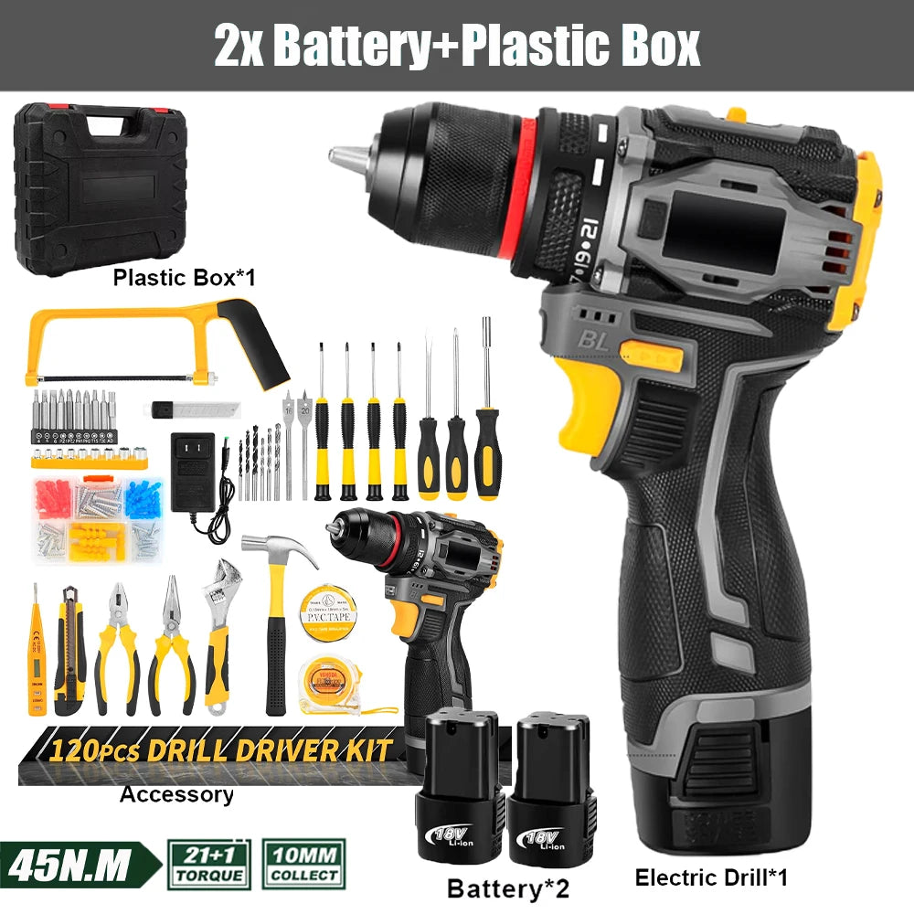 55N.M 10MM 23+1 Torque Brushless Electric Impact Drill Metal Ratchet Chuck Cordless Drill Electric Screwdriver DIY Power Tools