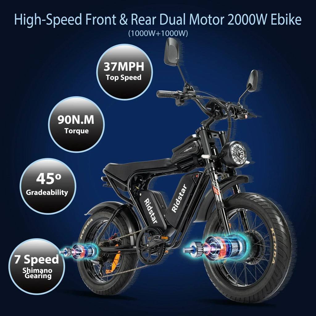 Ridstar Q20 Electric Bike 2000W 52V 40AH Waterproof Powerful Dual motor 20*4.0 Fat Tire For Mountain Electric Bicycle For Adult