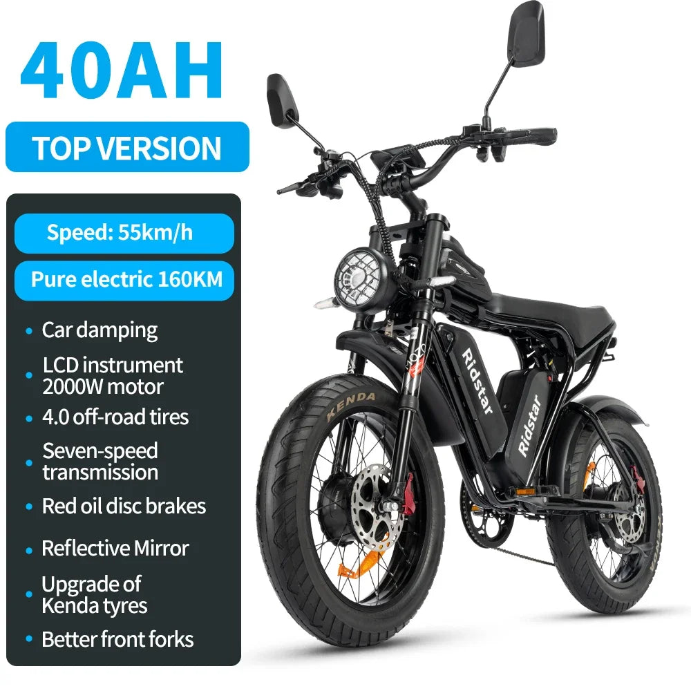 Ridstar Q20 Electric Bike 2000W 52V 40AH Waterproof Powerful Dual motor 20*4.0 Fat Tire For Mountain Electric Bicycle For Adult