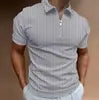 Men's 3D Printed Zippered Short Sleeved Solid Color Striped POLO Top T-shirt Lapel Business Casual Shirt