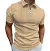 Men's 3D Printed Zippered Short Sleeved Solid Color Striped POLO Top T-shirt Lapel Business Casual Shirt