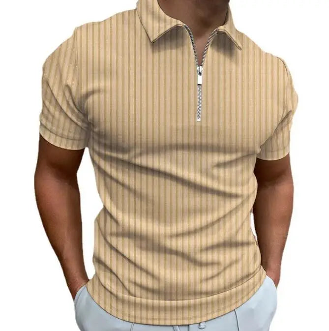 Men's 3D Printed Zippered Short Sleeved Solid Color Striped POLO Top T-shirt Lapel Business Casual Shirt