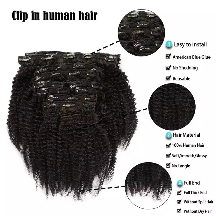 Curly Weft Hair Clip-In Extensions for Black Women Cambodian Raw Kinky Curly Human Hair Curl Style