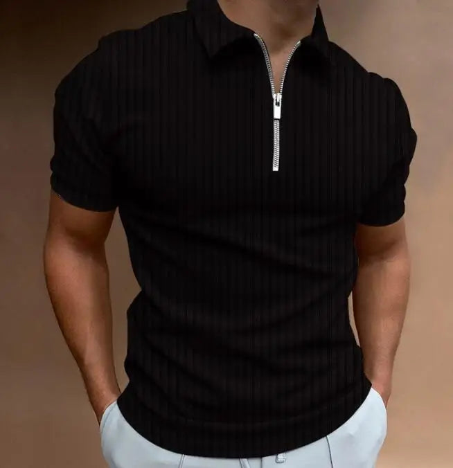 Men's 3D Printed Zippered Short Sleeved Solid Color Striped POLO Top T-shirt Lapel Business Casual Shirt