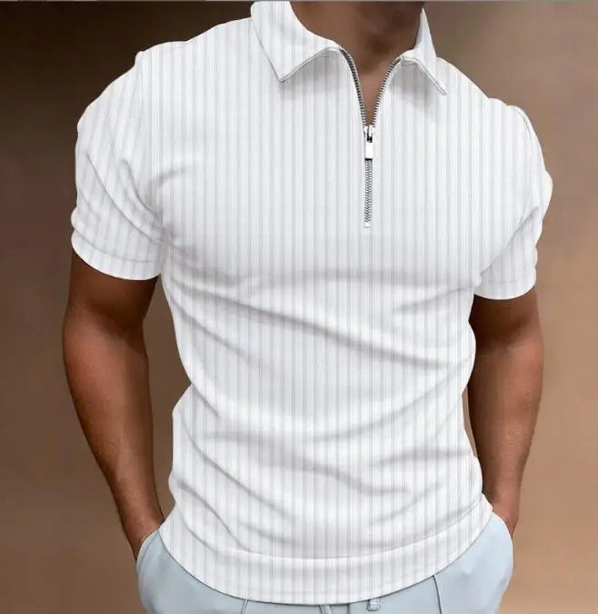 Men's 3D Printed Zippered Short Sleeved Solid Color Striped POLO Top T-shirt Lapel Business Casual Shirt