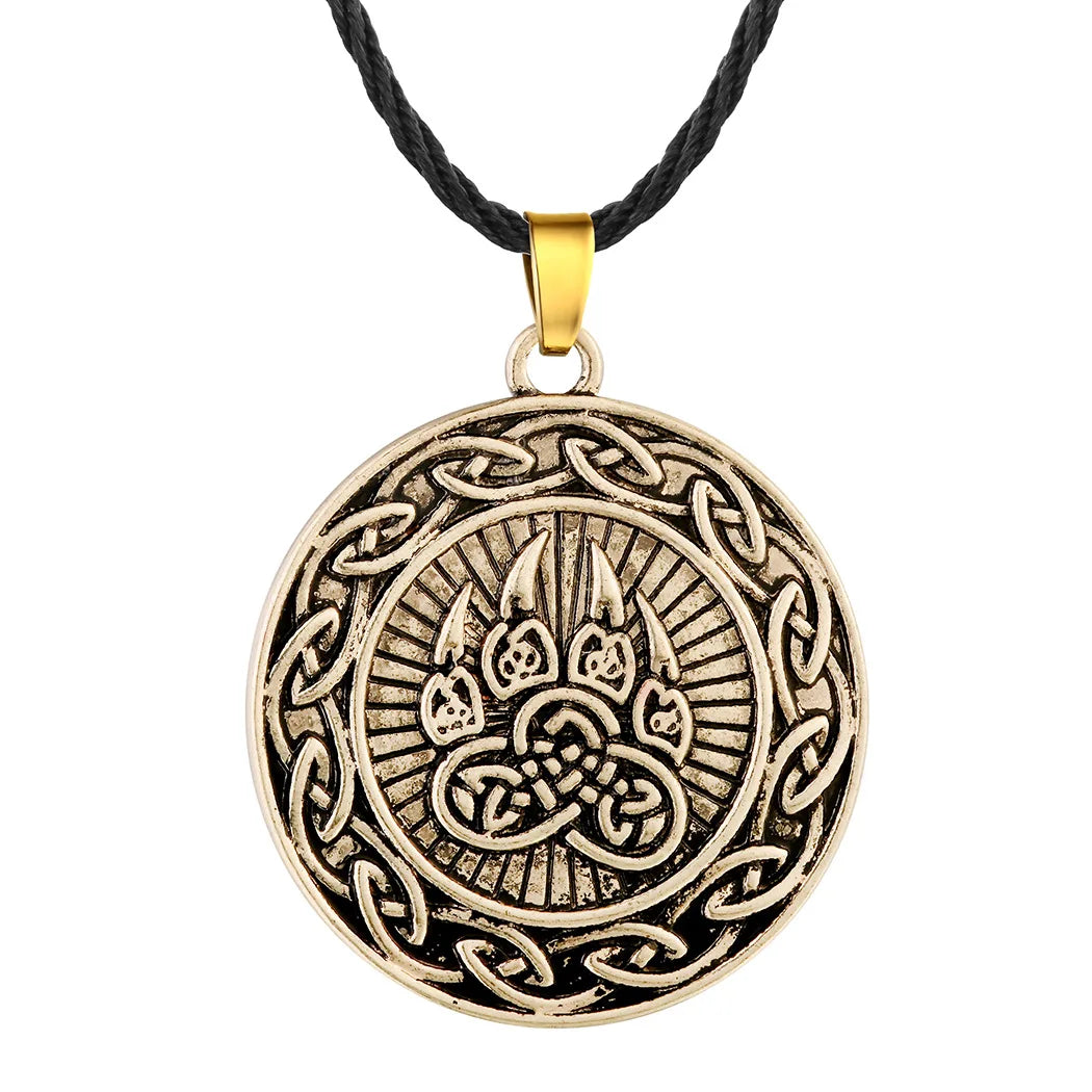 Antiquing Viking Runes Talisman Jewelry Slavic Veles Symbol Kolovrat Pendant Wolf Bear Paw Amulet  Necklace Men Pagan