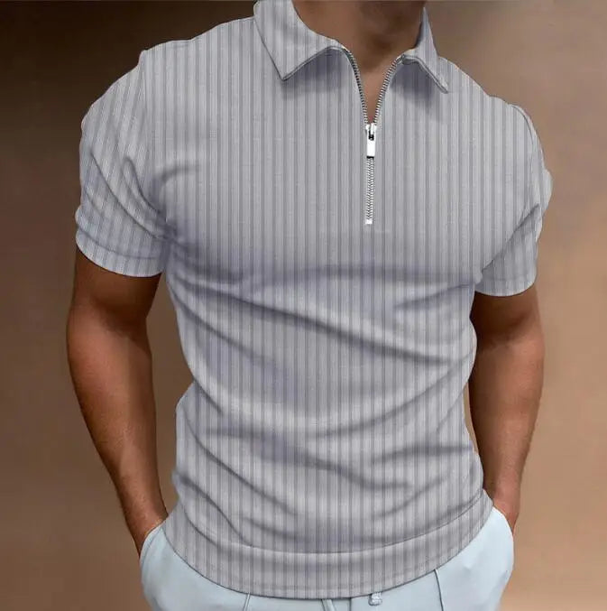 Men's 3D Printed Zippered Short Sleeved Solid Color Striped POLO Top T-shirt Lapel Business Casual Shirt