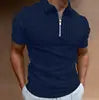 Men's 3D Printed Zippered Short Sleeved Solid Color Striped POLO Top T-shirt Lapel Business Casual Shirt