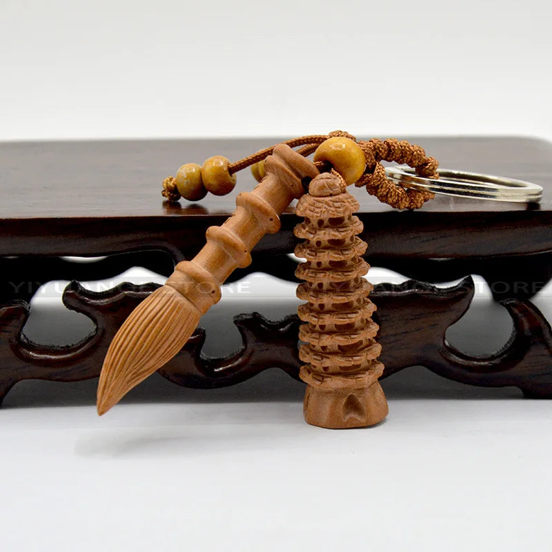 Feng Shui Peach Wood Wen Chang Pagoda Wenchang Pen Tower Keychain Wood Carved Amulet Home Decoration Accessories