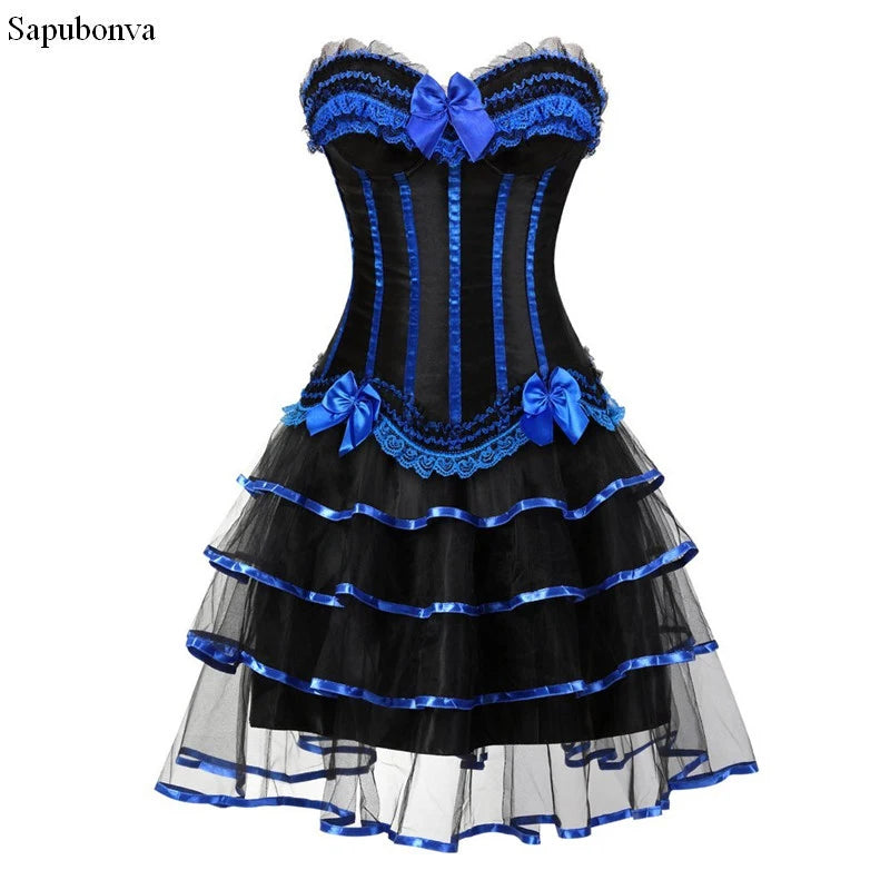 burlesque corset dress and skirt set costumes vintage striped floral lace dress corset bustier tank top for women plus size blue