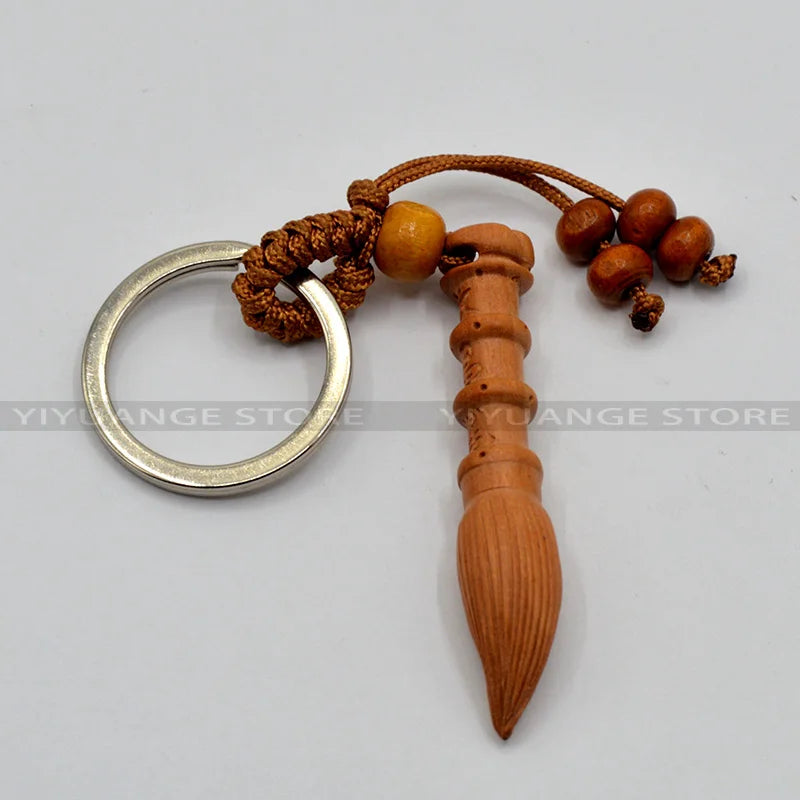 Feng Shui Peach Wood Wen Chang Pagoda Wenchang Pen Tower Keychain Wood Carved Amulet Home Decoration Accessories
