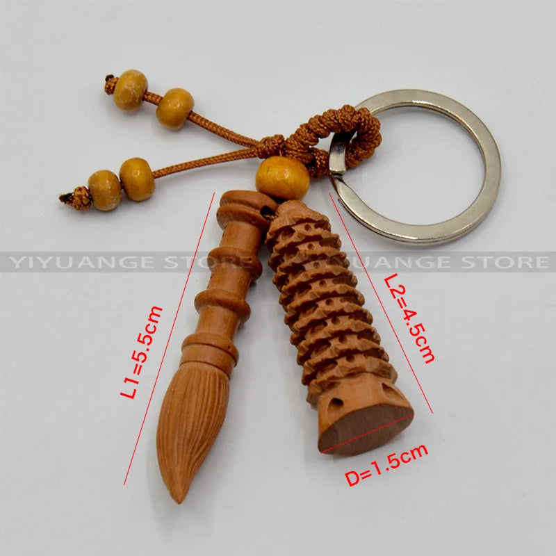 Feng Shui Peach Wood Wen Chang Pagoda Wenchang Pen Tower Keychain Wood Carved Amulet Home Decoration Accessories