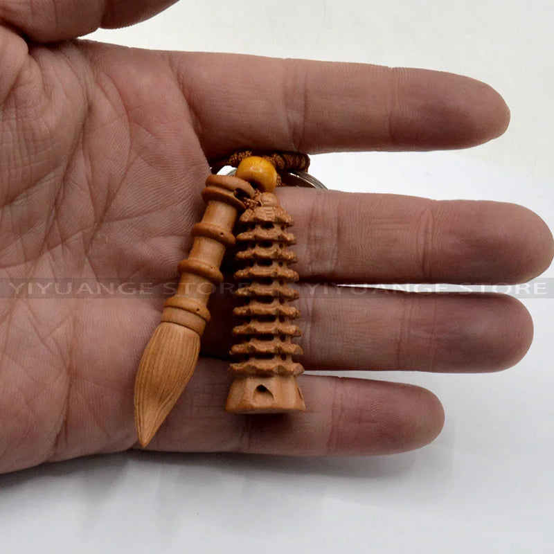 Feng Shui Peach Wood Wen Chang Pagoda Wenchang Pen Tower Keychain Wood Carved Amulet Home Decoration Accessories