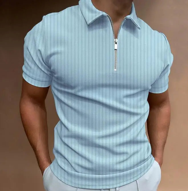 Men's 3D Printed Zippered Short Sleeved Solid Color Striped POLO Top T-shirt Lapel Business Casual Shirt