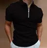 Men's 3D Printed Zippered Short Sleeved Solid Color Striped POLO Top T-shirt Lapel Business Casual Shirt