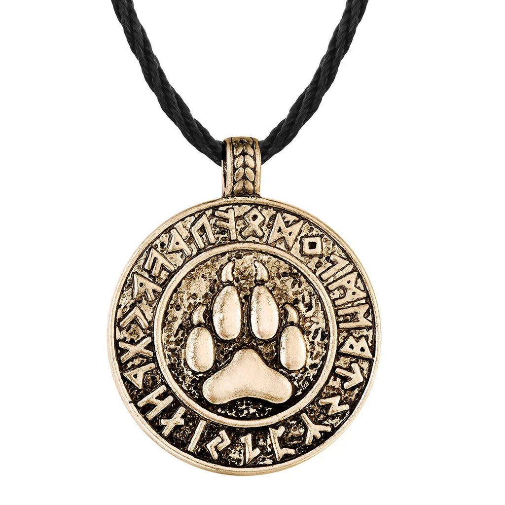 Antiquing Viking Runes Talisman Jewelry Slavic Veles Symbol Kolovrat Pendant Wolf Bear Paw Amulet  Necklace Men Pagan