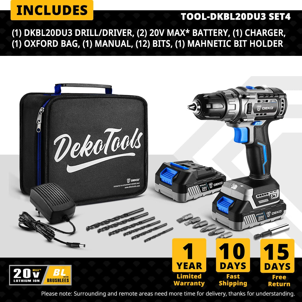 DEKO 20V Brushless Cordless Drill Combo Kit Mini Electric Screwdriver 2 Speed ​​Power Tools for Woodworking