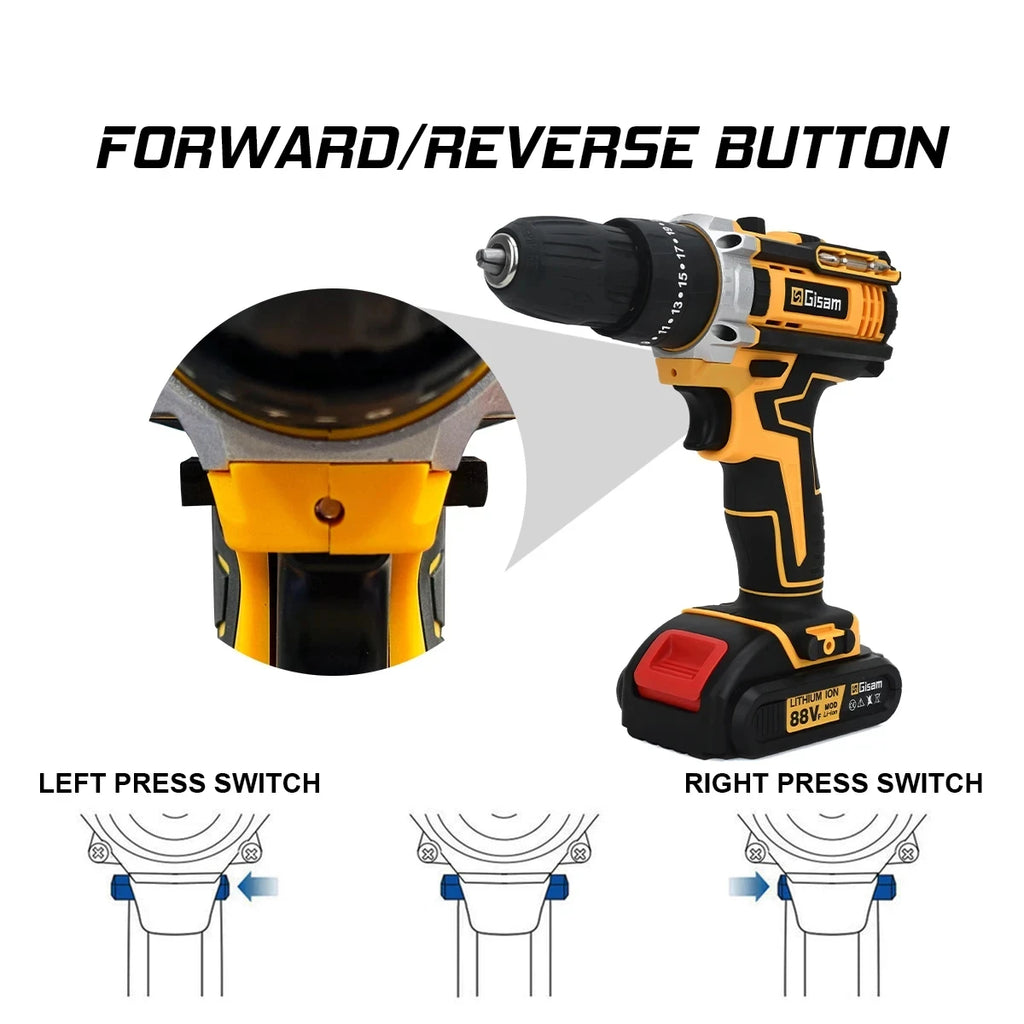 Gisam 25+3 Torque Electric Impact Screwdriver Multifunctional Cordless Drill Power Tool Setting 2 Gear Speed ​​with 2 Batteries
