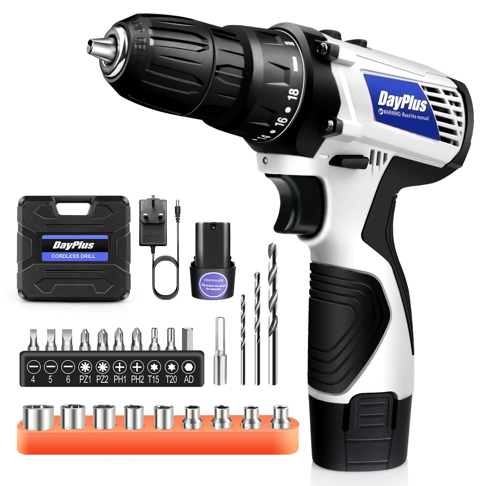 Cordless Drill Driver Kit with Battery,2 in 1 Electric Screwdriver Driver Tool Kit 45 Nm, Dual Speed ​​3/8 Inch Keyless Chuck