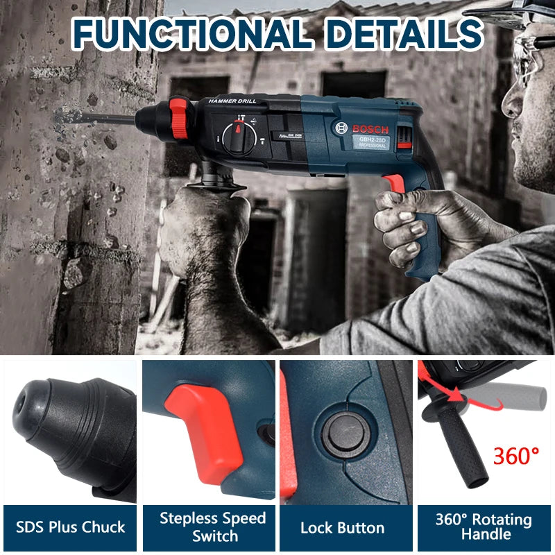 BOSCH GBH2-26 Rotary Hammer Drill Pro Kit SDSplus, 6-13mm Concrete, 5000 BPM, Full Set with Case